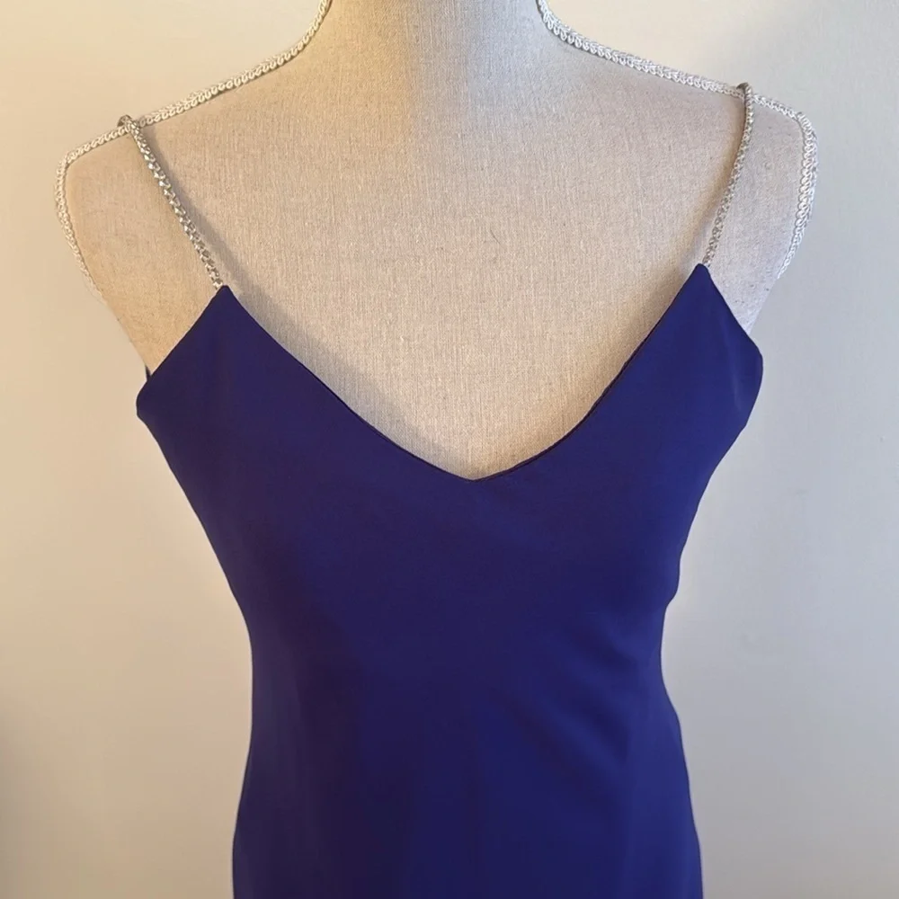 Dave & Johnny Women’s Formal Dress Sz M Backless Rhinestones Strap Blue Chiffon